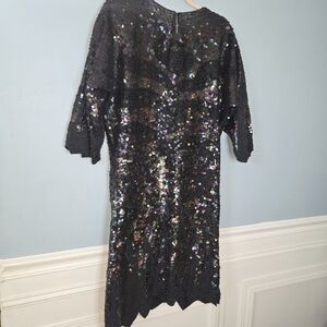 Vintage 90s Sequin Beaded Black Knee-Length Cocktail Dress Scalloped Hem Size 6